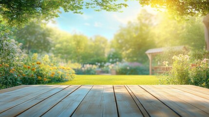 Friends gather in a sunny backyard garden, enjoying a barbecue with a wooden table adorned with colorful food and drinks, perfect for summer festivities.
