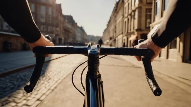 Close-up of cyclist hands on handlebars in golden morning light, symbol of health, freedom, and urban mobility lifestyle.