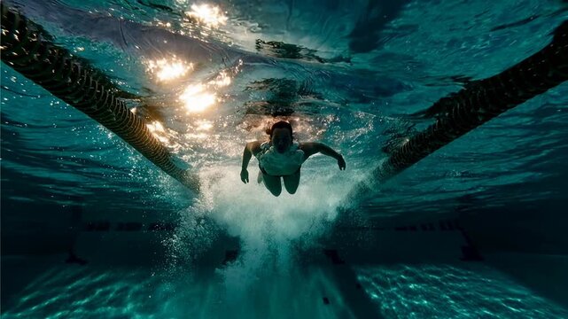 Swimmer diving into water with sunlight reflections, powerful visual for perseverance, achievement, and sports motivation.