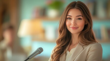 A female speaker confidently presents her ideas at a corporate business conference, engaging the audience with insightful content and clear articulation.