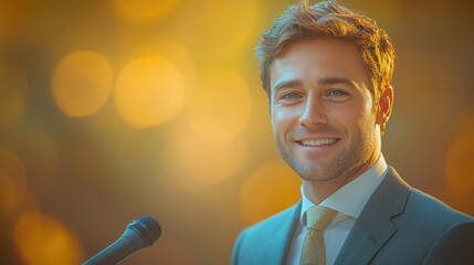 Male speaker presents engaging topic at a corporate business conference in a well-lit venue during the afternoon