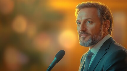 Male speaker presents engaging topic at a corporate business conference in a well-lit venue during the afternoon