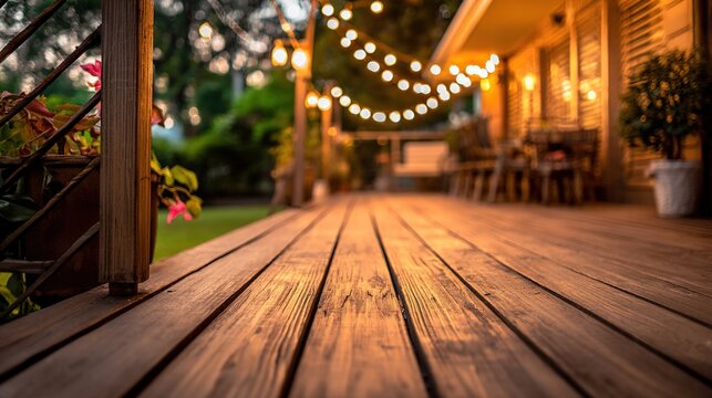 medinah. Wooden deck bathed in warm dusk light, creating a serene outdoor atmosphere with softly blurred surroundings. travel magazines.