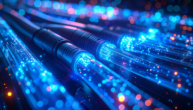 Illuminating Fiber Optics: A close-up view of a network of illuminated fiber optic cables, emitting vibrant blue light. showcasing the cutting-edge technology and data transmission.