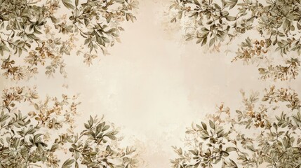 Vintage botanical illustration of delicate pine needles and branches framing a soft light colored negative space background