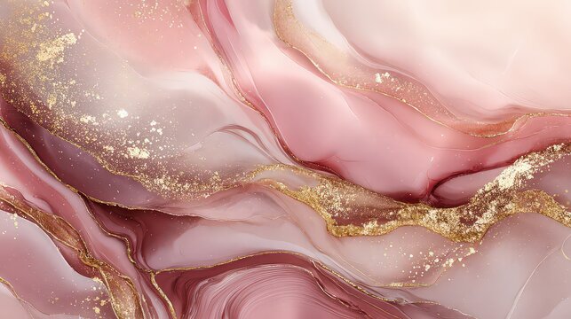 Abstract Fluid Art with Swirling Blush Pink and Rose Gold Hues Sparkling Gold Glitter Texture and Dreamy Elegant Aesthetics
