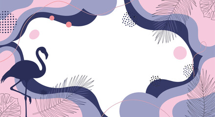 Abstract frame background with organic shapes tropical leaves and a flamingo silhouette creating a modern and artistic design.