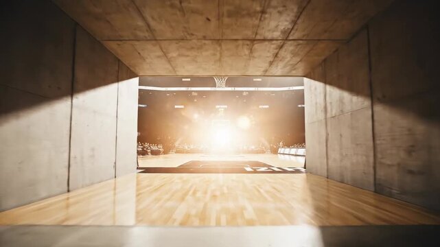 Basketball Court Transition: From Dark Tunnel to Lit Arena, Cinematic and Dramatic Visuals