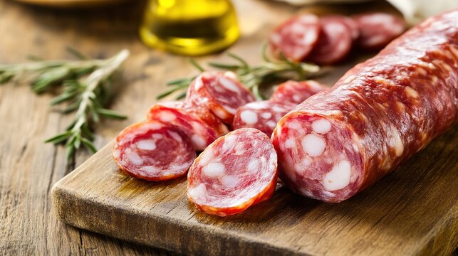 calabrese. Close-up of sliced Calabrese sausage on a wooden cutting board. menu design, packaging mockups, designed for food delivery and cloud-kitchen brand materials, inspires cooking.