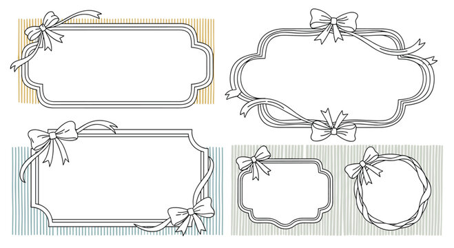 Set of elegant vintage frames adorned with decorative ribbons and bows perfect for invitations certificates or labels in various shapes.