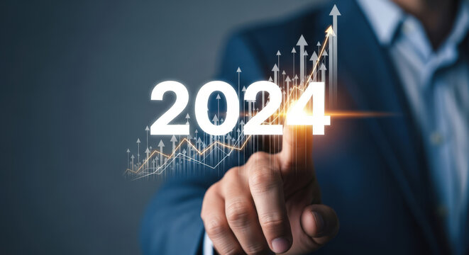 Projected Growth in 2024 A Businessman's Hand Touching a Holographic Display Showing Financial Projections and Upward Trends for the Coming Year