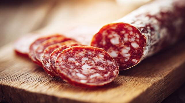 calabrese. Close-up of sliced Calabrese sausage on a wooden cutting board. menu design, packaging mockups, designed for food delivery and cloud-kitchen brand materials, inspires cooking.