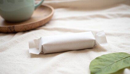 White organic snack bar mockup on natural fabric