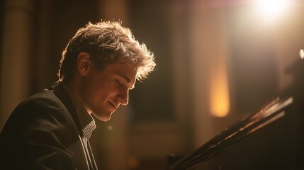 sonata. A classical pianist performing emotionally at a grand piano in a concert hall ambiance. event programs, museum guides, designed for cultural heritage projects and event programs.