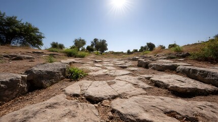 A sun drenched ancient stone pathway winds through a dry rural landscape dotted with trees under a clear blue sky