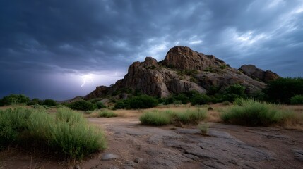Dramatic storm clouds gather over a rugged mountain peak with lightning striking in the distance over a dry scrub filled landscape at twilight