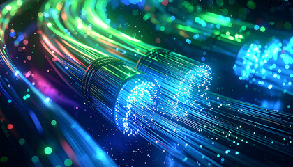 Digital Data Pathways: A mesmerizing close-up of fiber optic cables illuminating the path of digital information, symbolizing the future of connectivity and seamless data transmission.