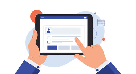 Human hands holding a tablet device displaying an online form or survey with a finger tapping the interactive screen.