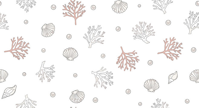 Delicate seamless pattern featuring elegant seashells corals and shimmering pearls scattered across a clean white background.