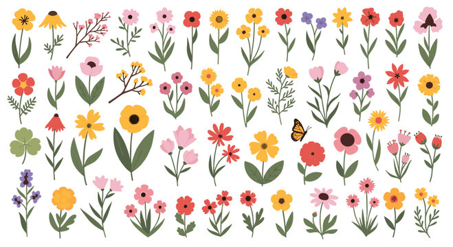 Extensive collection of diverse colorful flat style flowers with charming stems and leaves including a playful butterfly.