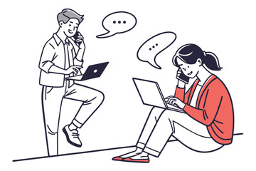 People with devices set. Female and male characters use smartphone, laptop, tablet and talking, typing, texting, chatting. Business doodle outline concept. Vector ... See More

