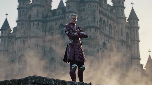 Knight standing on castle wall. Armor gleams with medieval detail. Warrior poses as guard with confident stance. Hero watches over fortress. Atmospheric mist surrounds stone parapet. Epic cinematic.