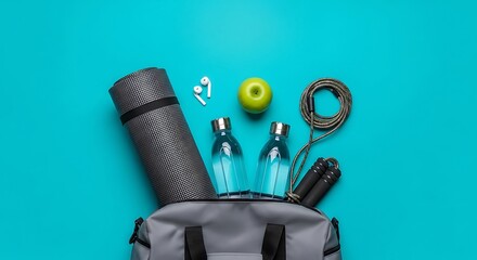Gym Bag with Fitness Equipment on a Teal Background workout