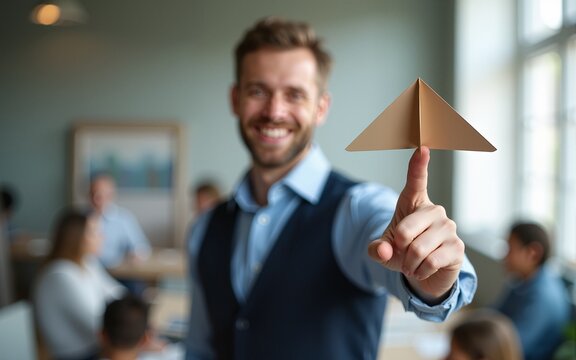 Business success concept. Waist up shot of happy prosperous businessman holds hand made paper airplane, points away with thumb, shows blank space for your promotional content, being in office