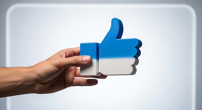 Hand Holding a 3D Printed Blue and White Thumbs Up Icon  - Powered by Adobe