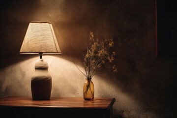 Warm ambient light from a bedside lamp illuminates a small vase with dried flowers on a wooden table