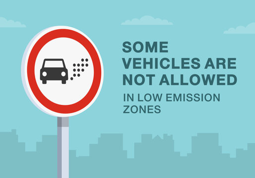 Safe driving tips and traffic regulation rules. Close-up of european "no certain vehicles" sign meaning. Some vehicles are not allowed in low emission zone. Flat vector illustration template.