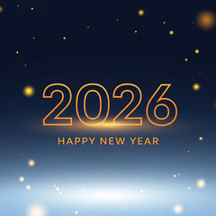 A festive 2026 Happy New Year greeting featuring bold golden text over a deep blue night gradient, glowing sparks, and a soft horizon glow creating a hopeful, celebratory mood.