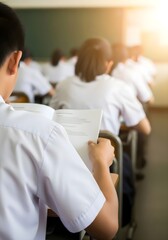 Obraz premium Close-Up Back View of Student Taking an Exam in a Sunlit Classroom