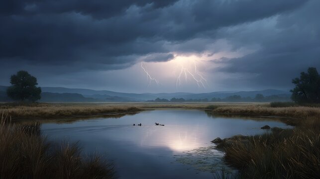 Dramatic thunderstorm over a tranquil lake with ducks and lightning flashes illuminating the sky