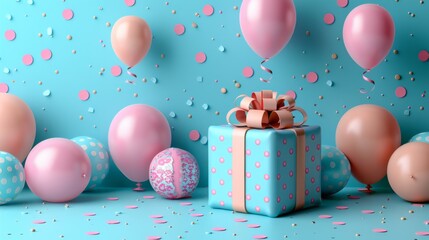 Colorful wrapped gift box with balloons and confetti displayed on a festive background at a party