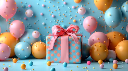 Colorful wrapped gift box with balloons and confetti displayed on a festive background at a party