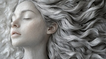 Beautiful girl with long wavy hair, completely woven from aluminum wire
