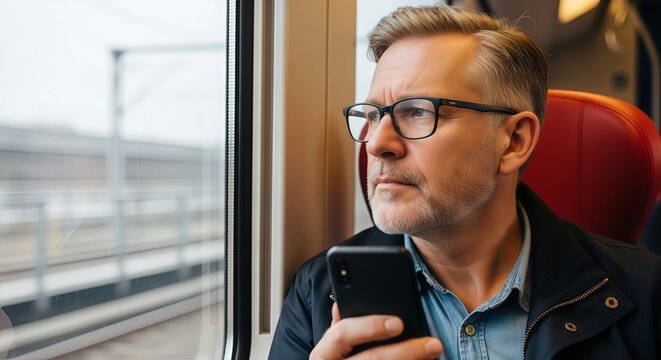 Portrait of Middle-Aged Man Looking Out of Train Window While Holding a Smartphone