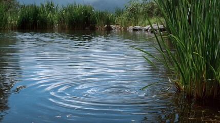 Ripples spread across the surface of a calm pond surrounded by lush green reeds