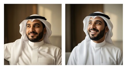 Two portraits of a smiling Middle Eastern man wearing traditional white attire and a head covering, captured in warm indoor lighting with a blurred background