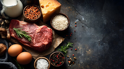 Fresh raw pork chops with vegetables for cooking a gourmet dinner meal on black stone background. top view
