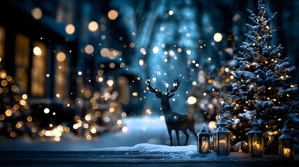 Magische Weihnachtskulisse mit Rentierfigur, Lichtern und sanftem Schneefall
