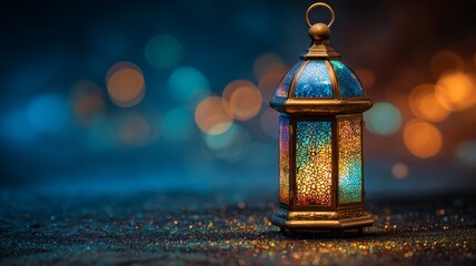 Ramadan kareem lantern glowing with colorful lights at night, glittering bokeh reflections on dark blue background, festive islamic greeting card and holiday invitation for holy month celebration