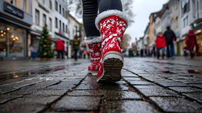 Rote Winterstiefel mit Muster beim Spaziergang &uuml;ber nasse Einkaufsstra&szlig;e
