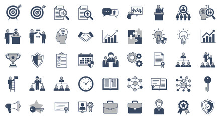 Fototapeta premium Collection of business icons illustrating various aspects of company management strategy and success