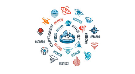 Illustrative depiction of a color palette with symbolic icons and corresponding hexadecimal color