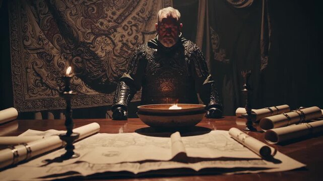 man in armor sits behind table with scroll and parchment. bowl holds fire at center. candle flickers beside tapestry and rolled parchment. gauntlet rests on table near scroll and bowl. metal gleams.