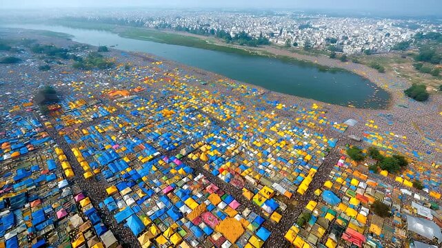 Kumbh Mela aerial scene of colorful tents and river confluence, vast gathering, India, Kumbh Mela, pilgrimage, festival, religion, crowd, culture, sacred river, with copy space