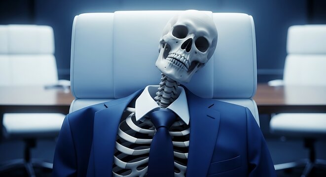 Skeleton in a suit sitting in an office chair waiting for a meeting