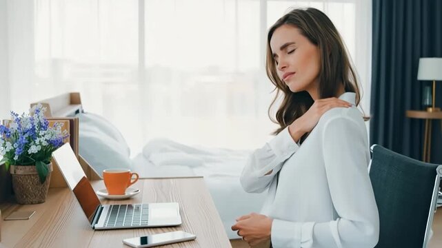 Woman feels neck pain while working on laptop at desk with coffee and documents 4k video